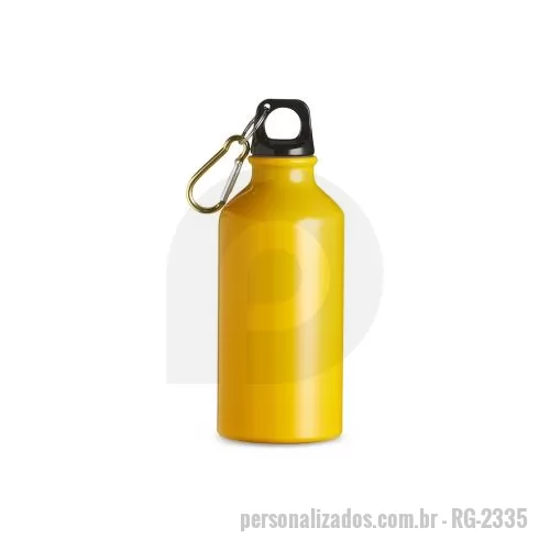 Squeeze metálico personalizado - Squeeze em alumínio, capacidade máxima 420ml. Acabamento brilhante, tampa rosqueável em plástico com alça fixa. Acompanha mosquetão.