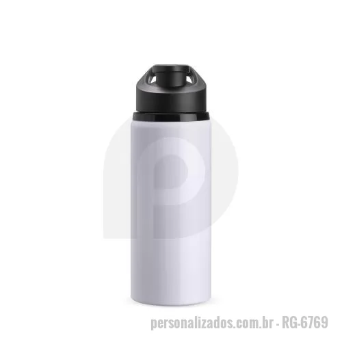 Squeeze metálico personalizado - Squeeze em alumínio com pintura de acabamento brilhante e capacidade máxima de 650ml. Possui tampa rosqueável em plástico com alça fixa e tampa protetora para o bocal.