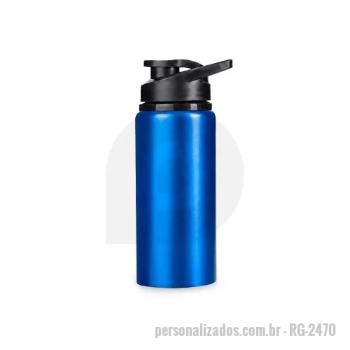 Squeeze metálico personalizado - Squeeze em alumínio com capacidade máxima de 650ml. Possui pintura spray de acabamento brilhante e revestimento plástico no bocal. Conta com tampa rosqueável em plástico polipropileno (PP) com protetor para o bocal e alça fixa.