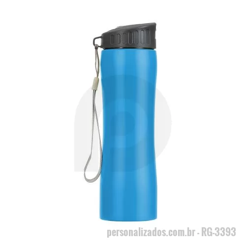 Squeeze metálico personalizado - Squeeze em aço inox 600ml com tampa rosqueável plástica e bico transparente de acionamento manual. Acompanha alça de nylon para transporte.