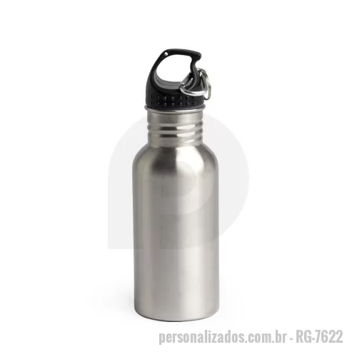 Squeeze metálico personalizado - Squeeze inox com capacidade para 540ml. Possui tampa rosqueável com alça e acompanhada de um mosquetão.