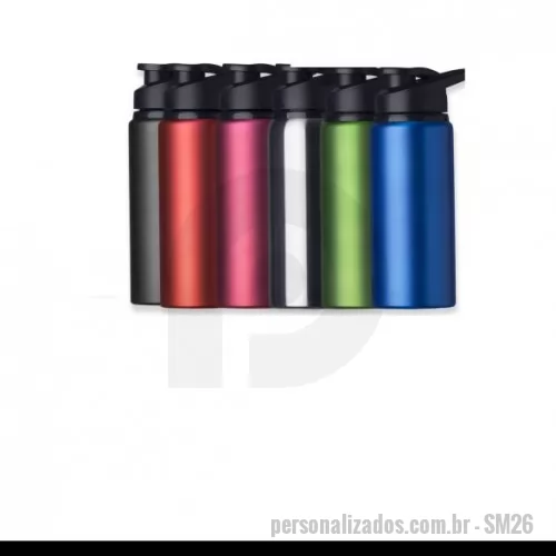 Squeeze metálico personalizado - Squeeze de alumínio com tampa plástica de bico, capacidade para 600 ml.