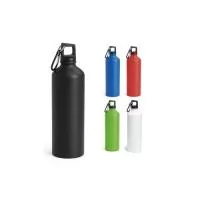 Squeeze em alumínio com acabamento mate e tampa em PP, com mosquetão para fácil transporte. Capacidade até 800 ml. Caixa branca 94658 vendida opcionalmente. Certificação EU Food Grade. ø73 x 259 mm