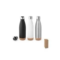 Garrafa em aço inox de parede dupla térmica, isolada a vácuo, com tampa em aço inox e base em cortiça. Capacidade até 560 mL. Mantém as bebidas quentes por 8h e frias por 24h. Fornecido em caixa presente de papel kraft. Certificação EU Food Grade. ø7