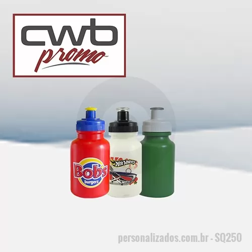 Squeeze personalizado - PRODUTO: Squeeze 250 ml MEDIDAS: 17cm de diâmetro x 14cm de altura CAPACIDADE: 250 ml MATERIAL: PE (corpo), PP (tampa), PVC (bico) PERSONALIZAÇÃO: Silk ou Transfer CORES: Diversas