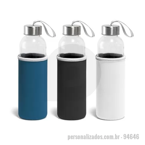 Squeeze personalizado - Squeeze. Vidro e aço inox. Capacidade até 520 ml. Fornecido com luva em softshell. Food grade. ø65 x 225 mm.