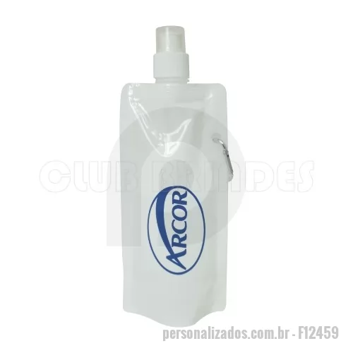 Squeeze personalizado - Squeeze dobrável com mosquetão, capacidade para 480 ml. Disponível em várias cores. Gravação da logomarca em 1 cor já inclusa.  Tamanho: 26 cm X 12,2 cm. Peso: 24 g.
