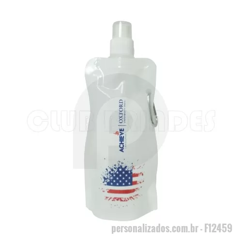 Squeeze personalizado - Squeeze dobrável com mosquetão, capacidade para 480 ml. Disponível em várias cores. Gravação da logomarca em 1 cor já inclusa.  Tamanho: 26 cm X 12,2 cm. Peso: 24 g.