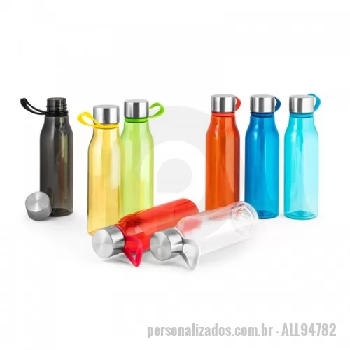 Squeeze personalizado - Squeeze produzido a partir de plástico reciclado, rPET. Com alça de silicone para facilitar o transporte. Tampa em PP e aço inox com isolante em silicone. Capacidade até 590 ml. ø66 x 230 mm