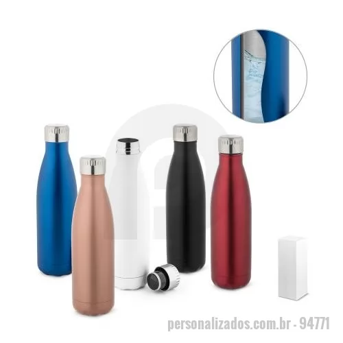 Squeeze personalizado - Squeeze em aço inox com parede dupla isolada a vácuo, capacidade até 540 mL e tampa à prova de fugas (térmico). Certificação EU Food Grade. Preserva as bebidas quentes por 8h e frias por 24h. Fornecido em caixa de oferta branca. ø71 x 255 mm