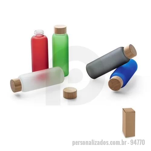 Squeeze personalizado - Squeeze de vidro borossilicato fosco com tampa em bambu e capacidade até 500 mL. Certificação EU Food Grade. Fornecido em caixa presente de papel kraft. ø65 x 190 mm