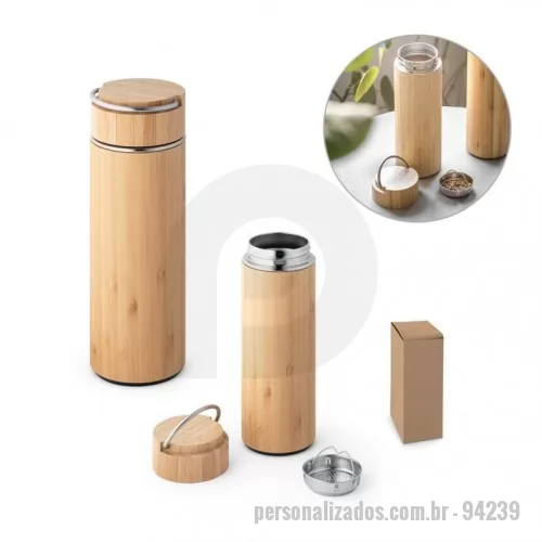 Squeeze personalizado - Squeeze em bambu e aço inox, com corpo duplo e isolamento a vácuo. Capacidade até 440 ml. Food grade. Fornecido em caixa presente de papel craft. ø70 x 215 mm
