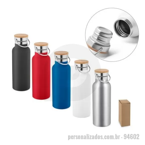 Squeeze personalizado - Squeeze em aço inox com parede dupla isolada a vácuo, tampa em bambu e alça de transporte em aço inox. Capacidade até 570 ml. Food grade. Fornecido em caixa presente de papel craft.