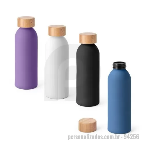 Squeeze personalizado - Squeeze em alumínio com acabamento emborrachado e tampa em bambu. Capacidade até 550 ml. Food grade. Caixa branca 94656 vendida opcionalmente.