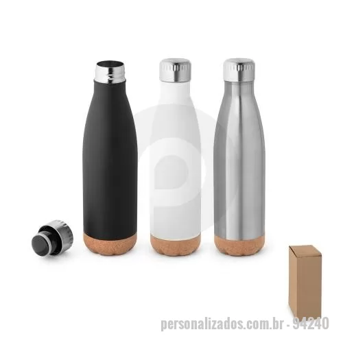 Squeeze personalizado - Squeeze em aço inox e base em cortiça com parede dupla com isolamento a vácuo. Mantém as bebidas quentes por 8h e frias por 24h. Tem capacidade até 560 ml. Food grade. Fornecido em caixa.