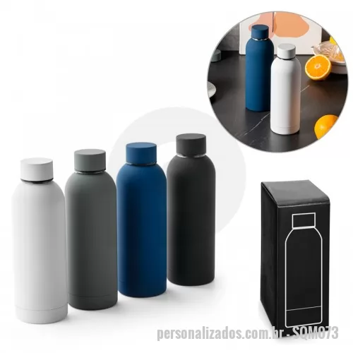 Squeeze personalizado - Squeeze em aço inox com acabamento em borracha, parede dupla isolada a vácuo e capacidade até 550 ml. Food grade. Fornecida em caixa de oferta