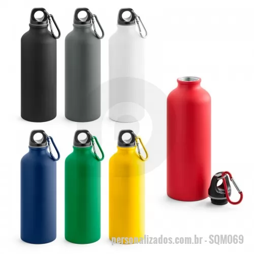 Squeeze personalizado - Squeeze em alumínio com acabamento mate e mosquetão para facilitar o transporte. Capacidade até 550 ml. Food grade. Caixa branca 94650 vendida opcionalmente