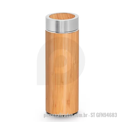 Squeeze personalizado - Com capacidade de 430 ml a garrafa térmica grande personalizada é fabricada em aço inox com bambu. Ela possui ótimo acabamento, infusor para chá e conta com área nobre para a personalização da logomarca de empresas