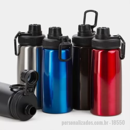 Squeeze personalizado - Squeeze inox 750ml com alça para transporte, possui tampa com detalhe emborrachado e tampa protetora para o bocal.