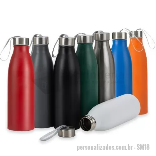 Squeeze personalizado - Garrafa de inox 750ml com tampa rosqueável e alça de nylon embutida.