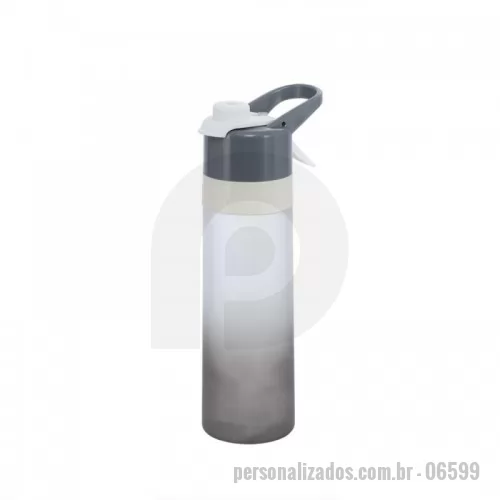 Squeeze personalizado - Squeeze bicolor plástico com borrifador e capacidade de 650ml. Contém tampa rosqueável com trava de segurança para o bocal, alça para transporte e alavanca para acionamento do borrifador.