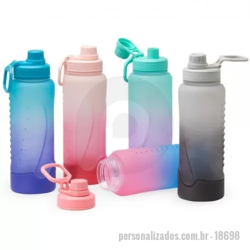 Squeeze personalizado - Squeeze plástica 1,1 litros com base de silicone anti-impacto (removível). Tampa com alça para transporte e tampa de proteção para o bocal.