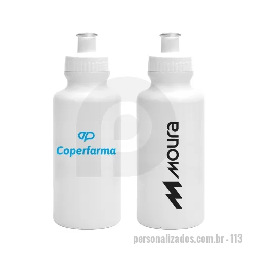 Squeeze personalizado - Squeeze de PE resistente e flexível, tampa rosqueável em PP e bico em PVC cristal. Acabamento e vedação impecável. Capacidade de 550 mL