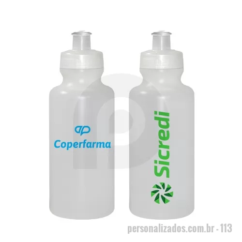 Squeeze personalizado - Squeeze 550mL de PE resistente e flexível, tampa rosqueável em PP e bico em PVC cristal. Acabamento e vedação impecável. Capacidade de 550 mL