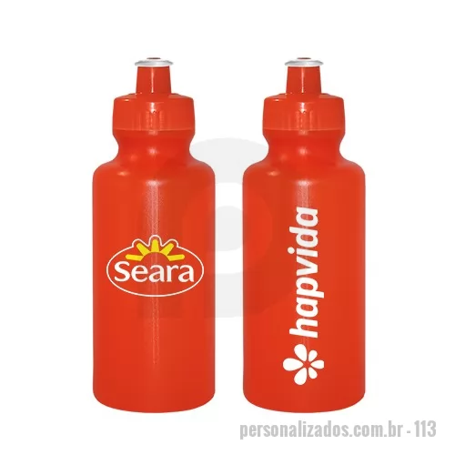 Squeeze personalizado - Squeeze de PE resistente e flexível, tampa rosqueável em PP e bico em PVC cristal. Acabamento e vedação impecável. Capacidade de 550 mL