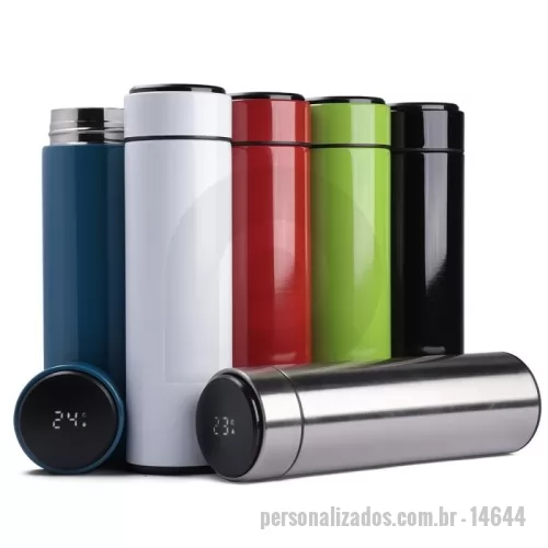 Squeeze personalizado - Garrafa inox 450ml com parede dupla, infusor e display LED com termômetro digital na tampa para indicar a temperatura do líquido. Conserva temperatura quente ou fria.