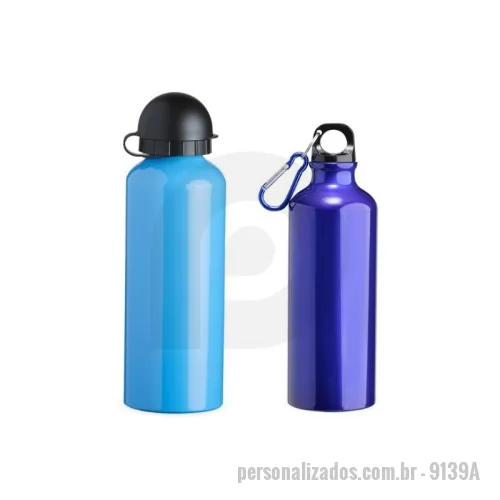 Squeeze personalizado - Squeeze 500ml de alumínio com pintura metalizada, tampa rosqueável e acompanha um segundo bico com mosquetão (não é térmico).  Medidas aproximadas para gravação (CxL):  14,3 cm x 6 cm  Tamanho total aproximado  (CxL):  21,3 cm x 6,5 cm  Peso aproximado (g):  95