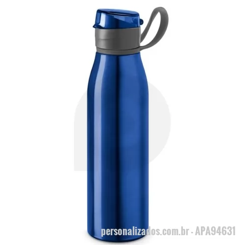 Squeeze personalizado - Squeeze em alumínio e tampa flip flop em AS e PP, com alça em silicone para facilitar o transporte. Capacidade até 650 ml. Certificação EU Food Grade. ø66 x 250 mm.