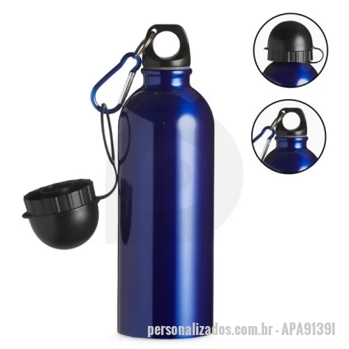 Squeeze personalizado - Squeeze 500ml de inox com pintura metalizada, tampa rosqueável e acompanha um segundo bico com mosquetão (não é térmico).  Medidas aproximadas para gravação (CxL):  14,3 cm x 6 cm  Tamanho total aproximado  (CxL):  21,3 cm x 6,5 cm  Peso aproximado (g):  142