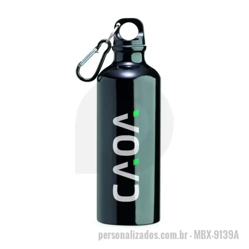 Squeeze personalizado - Squeeze 500ml de alumínio com pintura metalizada, tampa rosqueável e acompanha um segundo bico com mosquetão (não é térmico).