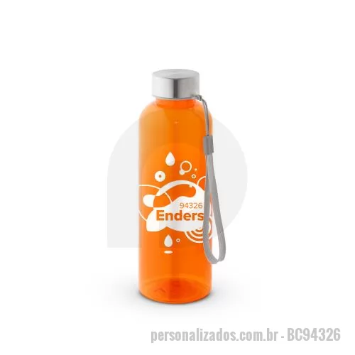 Squeeze personalizado - Squeeze em rPET 100% reciclado e tampa em aço inox, com pega em corda para facilitar o transporte. Capacidade até 580 mL. 