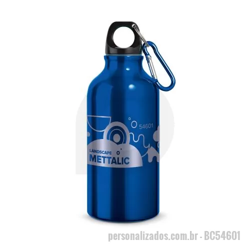 Squeeze personalizado - Squeeze esportiva em alumínio com acabamento metálico brilhante, com mosquetão para facilitar o transporte. Capacidade até 400 mL. Caixa branca 94656 vendida opcionalmente. Certificação EU Food Grade. ø66 x 176 mm