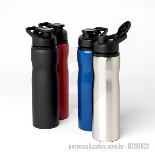 Squeeze personalizado - Squeeze feito em inox com 800ml. Possui tampa plástica, bocal com tampa protetora e alça para transporte. Este brinde será o parceiro de atividades físicas perfeito.