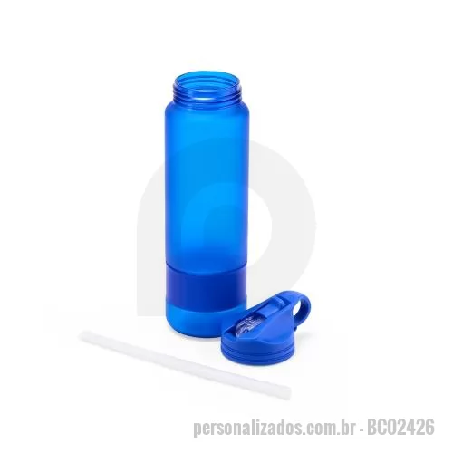 Squeeze personalizado - Squeeze plástico com capacidade de 900ml com acabamento fosco e detalhe emborrachado na parte inferior. Possui tampa rosqueável com alça integrada e bico flip com tampa protetora. Acompanha canudo.