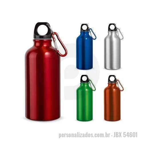 Squeeze personalizado - Squeeze esportiva em alumínio com acabamento metálico brilhante, com mosquetão para facilitar o transporte. Capacidade até 400 mL.