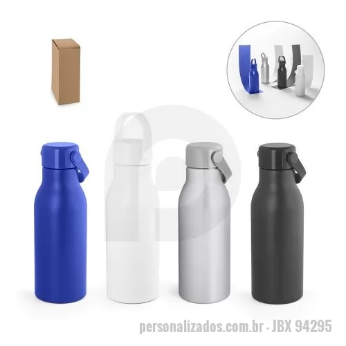 Squeeze personalizado - Squeeze em alumínio 100% reciclado com parede simples e acabamento mate. Tampa em PP com pega de silicone para fácil transporte. Capacidade até 700 mL