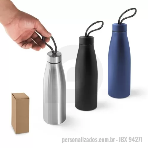 Squeeze personalizado - Squeeze em aço inox (90% reciclado), de parede simples. Tampa em aço inox com pega num padrão suave, para fácil transporte. Capacidade até 710 mL.
