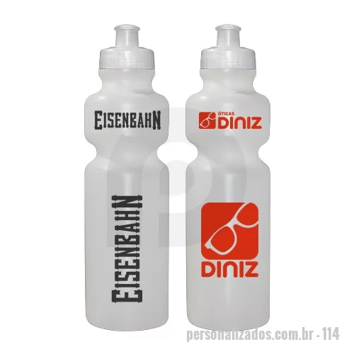 Squeeze personalizado - Squeeze de PE resistente e flexível, tampa rosqueável em PP e bico em PVC cristal. Acabamento e vedação impecável. Capacidade de 750ml.