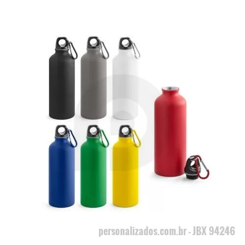 Squeeze personalizado - Squeeze em alumínio com acabamento mate e mosquetão para facilitar o transporte. Capacidade até 540 mL. Certificação EU Food Grade. ø66 x 216 mm