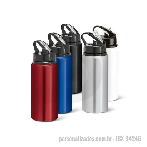 Squeeze personalizado - Squeeze em alumínio e tampa PP, com bico de canudo flip e canudo flexível no interior. Capacidade até 670 m.  Certificação EU Food Grade. ø73 x 217 mm
