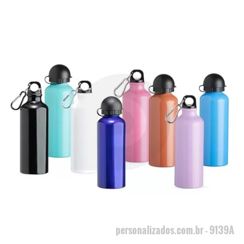 Squeeze personalizado - Squeeze 500ml de alumínio com pintura metalizada, tampa rosqueável e acompanha um segundo bico com mosquetão (não é térmico).