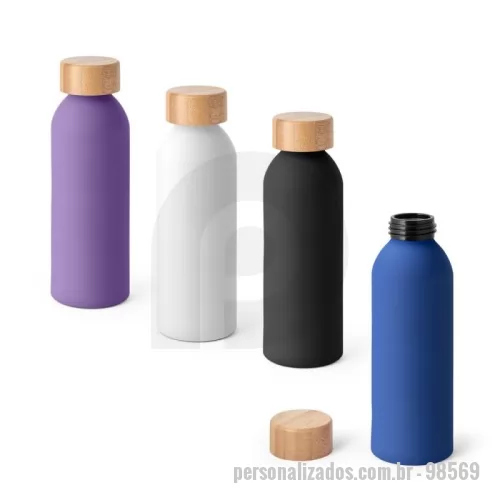 Squeeze personalizado -  Squeeze em alumínio com acabamento emborrachado e tampa em bambu 550 mL