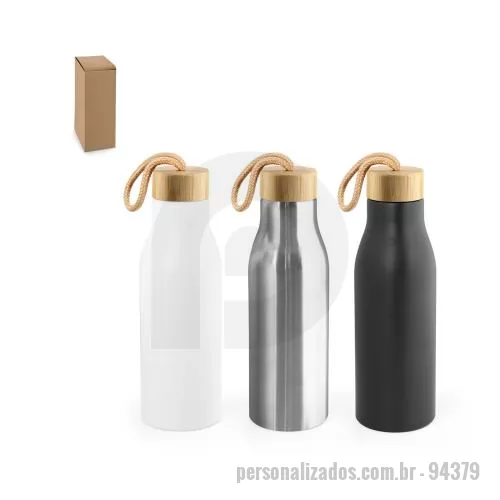 Squeeze personalizado - Squeeze Personalizado - 94379 - Squeeze em aço inox 90% reciclado, de parede simples e acabamento em mate. A tampa em bambu incorpora uma alça para facilitar o transporte. Capacidade até 570 mL. Fornecido em caixa presente de papel kraft reciclado. Certificação EU Food Grade. A cor - 179408 - Squeeze