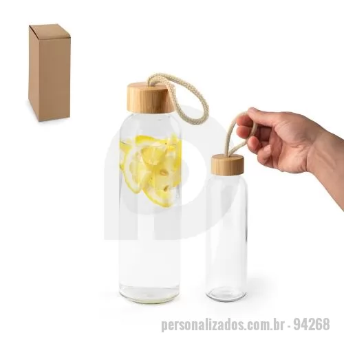 Squeeze personalizado - Squeeze Personalizado - 94268 - Squeeze para sublimação em vidro, com tampa em bambu. Possui alça na tampa para facilitar o transporte. Capacidade até 500 mL. Fornecido em caixa presente de papel kraft reciclado. Certificação EU Food Grade. A cor e o resultado da impressão nos mate - 179411 - Squeeze