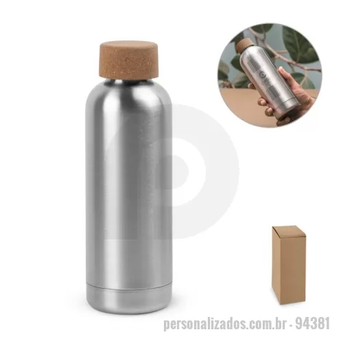 Squeeze personalizado - Squeeze em aço inox de parede simples com capacidade de 760ml e tampa em cortiça natural, combinando elegância, funcionalidade e sustentabilidade em um único produto. Possui certificação EU Food Grade e acompanha caixa presente em papel kraft reciclado, agregando valor premium ao brinde.  Ideal para brindes corporativos personalizados, ações promocionais, eventos, academias, viagens, campanhas ecológicas e kits sustentáveis com excelente percepção de valor.  Material: Aço inox, cortiça natural e embalagem em papel kraft reciclado.