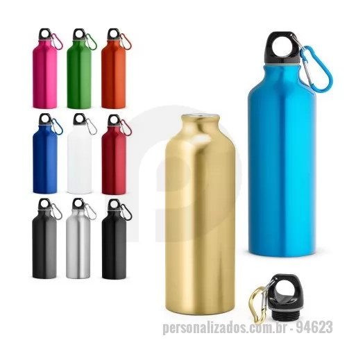 Squeeze personalizado - Squeeze em alumínio com mosquetão para fácil transporte. Capacidade até 530 mL. Caixa branca 94656 vendida opcionalmente. Certificação EU Food Grade. ø66 x 210 mm  Caixa exterior (m): 0,430X0,360X0,440 Peso da caixa (Kg.): 6.100 Peso do Produto (g.): 1 Caixa Exterior (Un.): 60 NCMS: 7615.10.00 Packing individual: Polybag Packing após gravação: Polybag Certificados: Food Safety País de origem: China